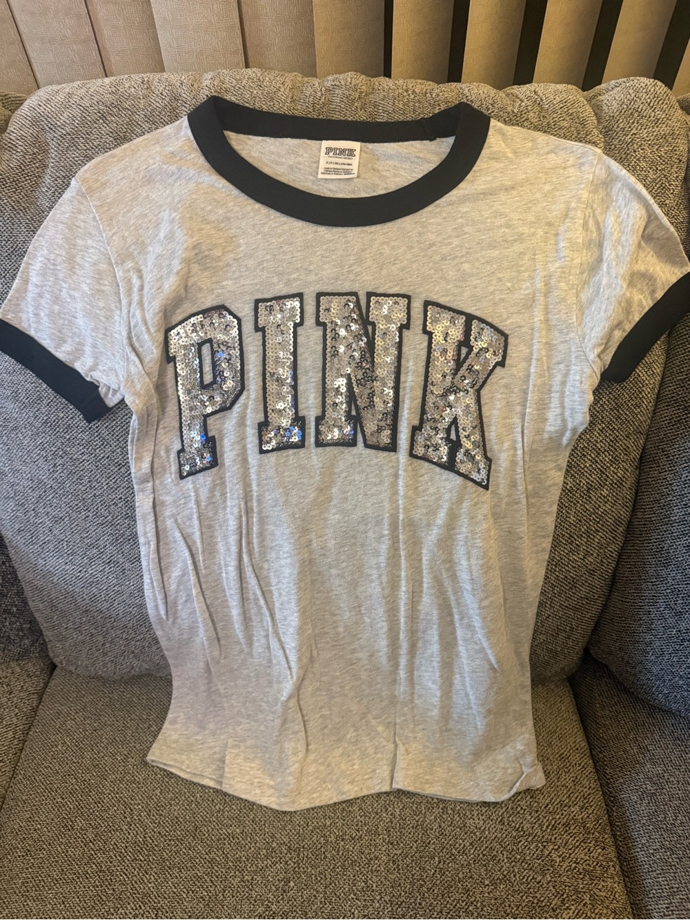 PINK Victoria's Secret Light Gray Ringer Tee with Black Trim and Sequin Logo